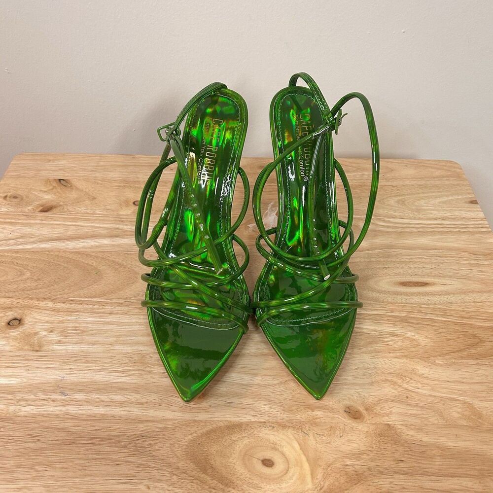 Cape Robbin Nabil Green Metallic Strappy Heels Pointed Toe NEW Sz 7.5 - Picture 2 of 7